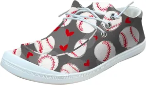 DIYCAM Women Sport Day Baseball Printed Boat Shoes Casual Canvas Loafers for Women Slip On Deck Shoes, Breathable Canvas Walking Shoes