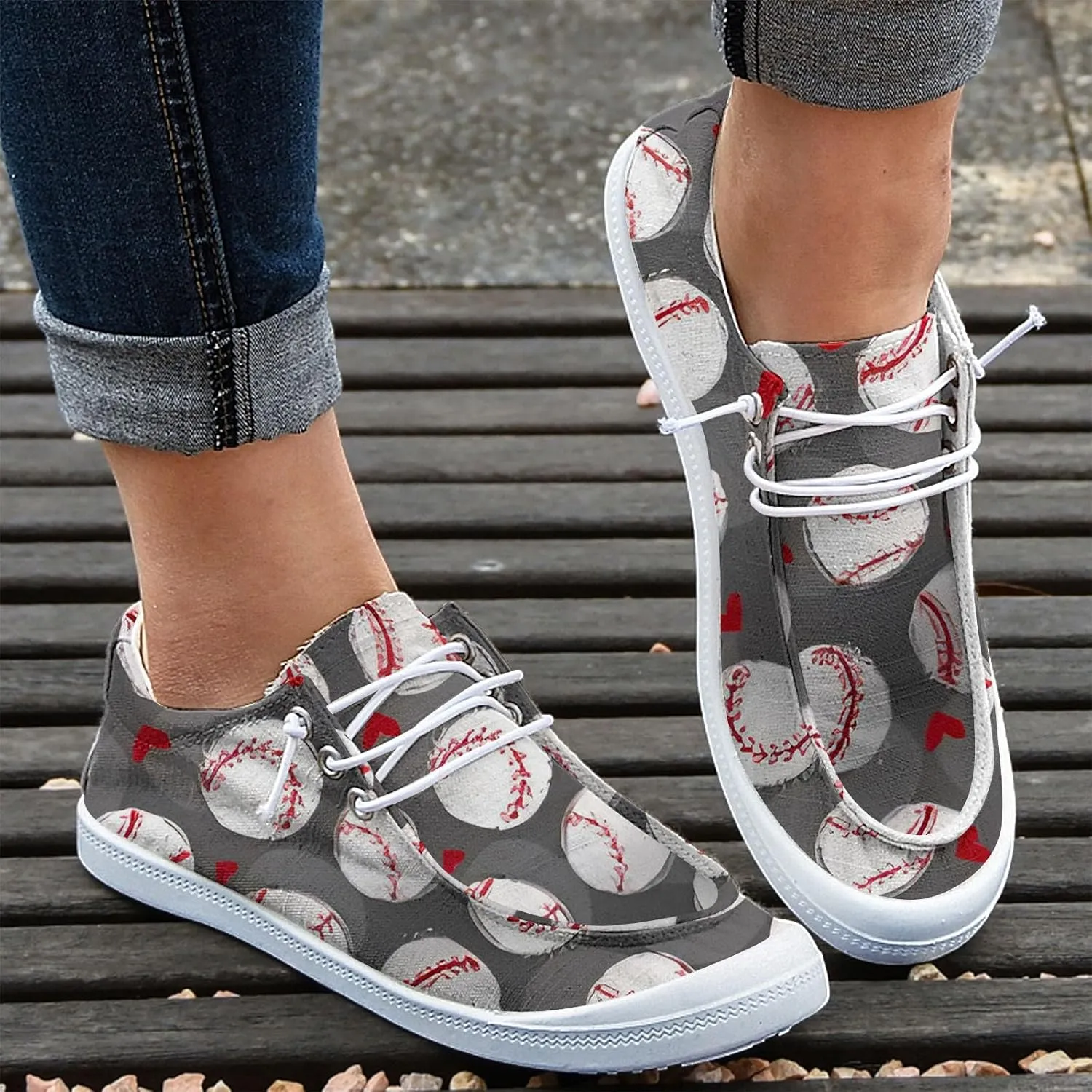 DIYCAM Women Sport Day Baseball Printed Boat Shoes Casual Canvas Loafers for Women Slip On Deck Shoes, Breathable Canvas Walking Shoes