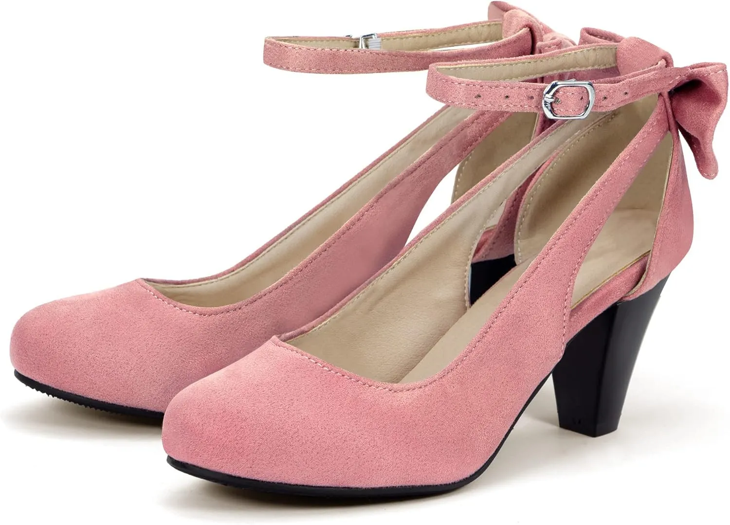 Elerhythm Women's Mary Jane Bow Closed Toe Vintage Pumps Heels Gatsby Victorian 1920s Dresses Faux Suede Shoes