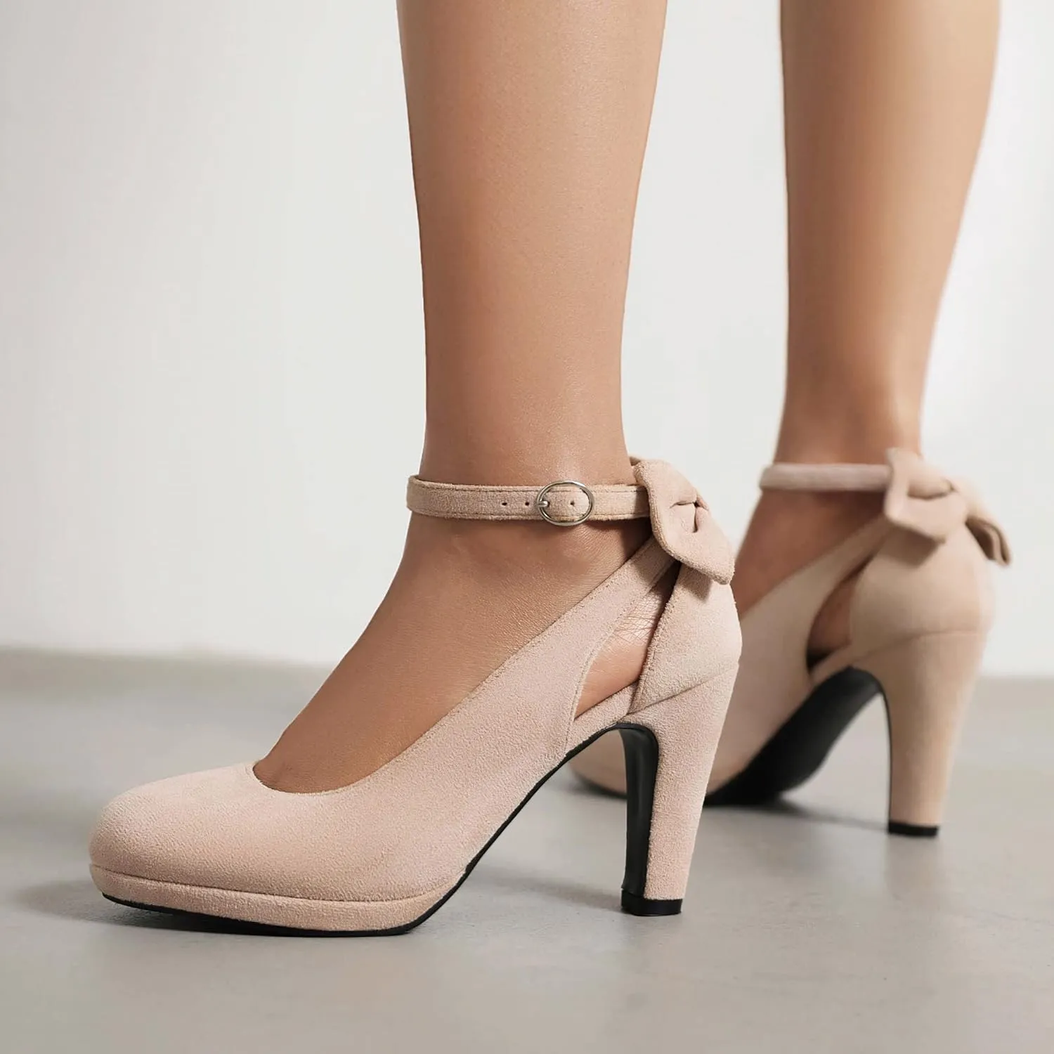 Elerhythm Women's Mary Jane Heels with Bow Retro Closed Round Toe Suede Ankle Strap Pumps Gatsby Vintage Sweet Office Daily Dress Shoes