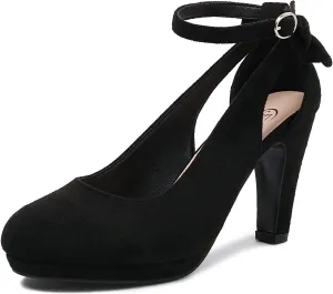 Elerhythm Women's Mary Jane Heels with Bow Retro Closed Round Toe Suede Ankle Strap Pumps Gatsby Vintage Sweet Office Daily Dress Shoes