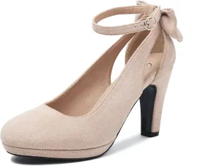 Elerhythm Women's Mary Jane Heels with Bow Retro Closed Round Toe Suede Ankle Strap Pumps Gatsby Vintage Sweet Office Daily Dress Shoes