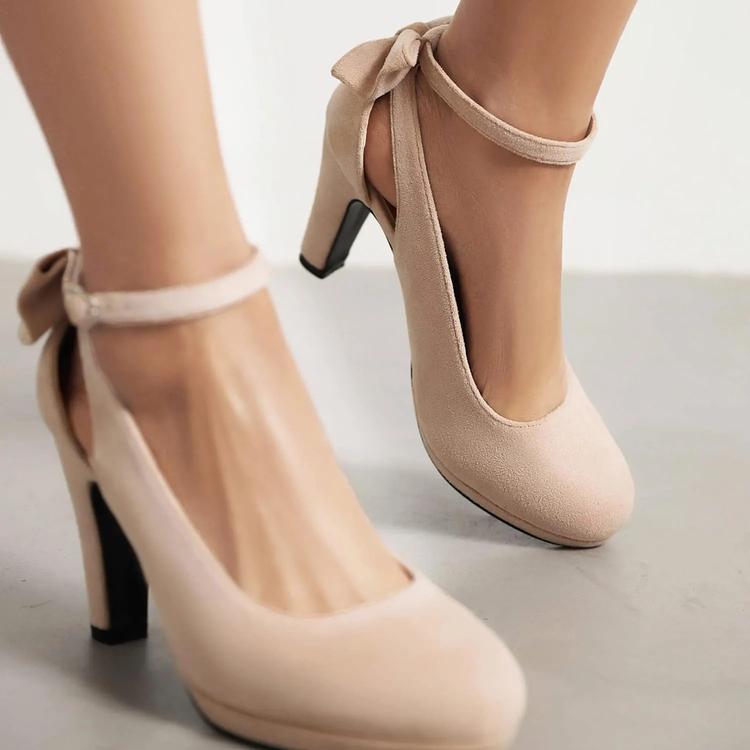 Elerhythm Women's Mary Jane Heels with Bow Retro Closed Round Toe Suede Ankle Strap Pumps Gatsby Vintage Sweet Office Daily Dress Shoes