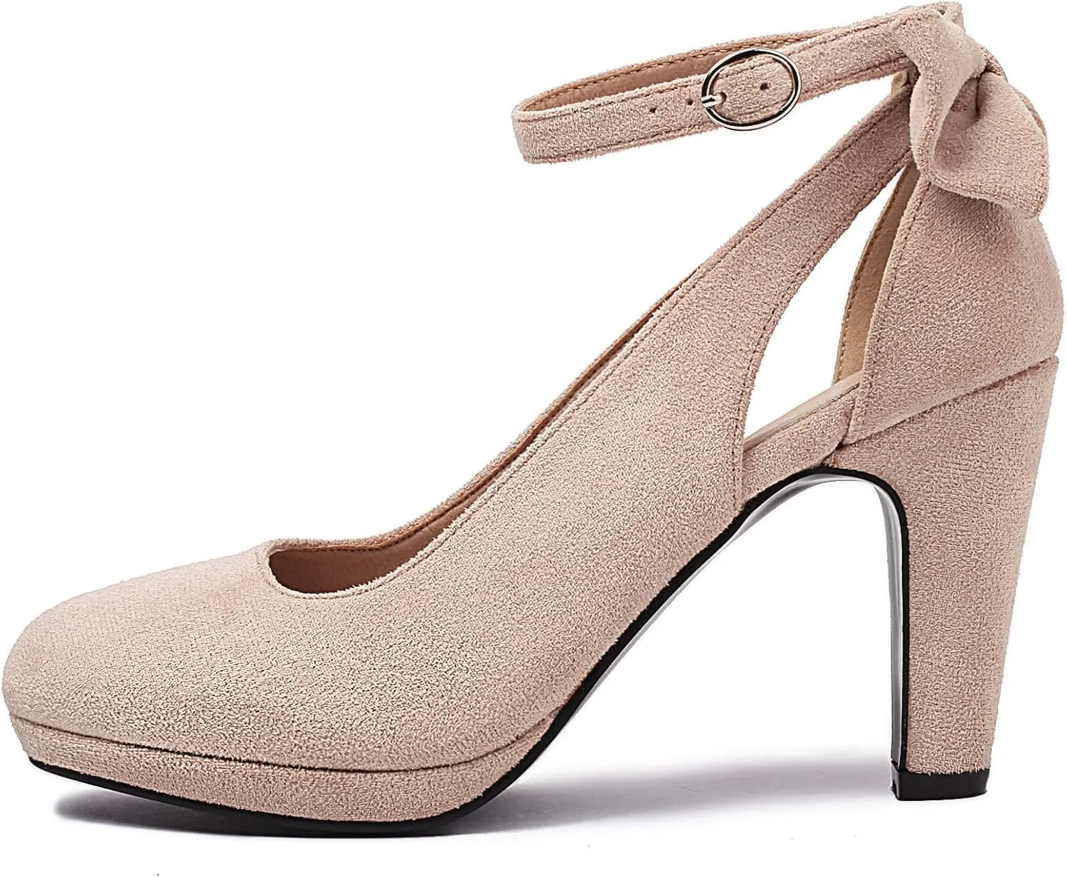 Elerhythm Women's Mary Jane Heels with Bow Retro Closed Round Toe Suede Ankle Strap Pumps Gatsby Vintage Sweet Office Daily Dress Shoes