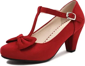 Elerhythm Women's Mary Jane Vintage Heels with Bow 1950s Pumps Closed Toe 1920s Victorian Sweet Ankle Strap Faux Suede Elegant Comfortable Formal Dressy Ladies Shoes