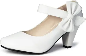 Elerhythm Women's Mary Jane Vintage Heels with Bow 1950s Pumps Closed Toe 1920s Victorian Sweet Ankle Strap Faux Suede Elegant Comfortable Formal Dressy Ladies Shoes