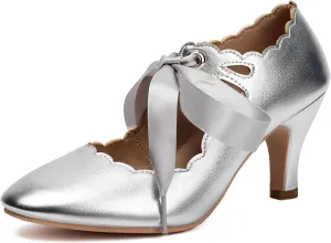 Elerhythm Women's Mary Jane Vintage Lace Up Teardrop Cut Out Close Round Toe 1920s Gatsby Heels Retro 1950s Victorian Pumps Suede Shoes