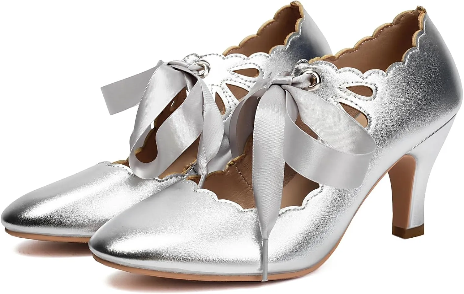 Elerhythm Women's Mary Jane Vintage Lace Up Teardrop Cut Out Close Round Toe 1920s Gatsby Heels Retro 1950s Victorian Pumps Suede Shoes