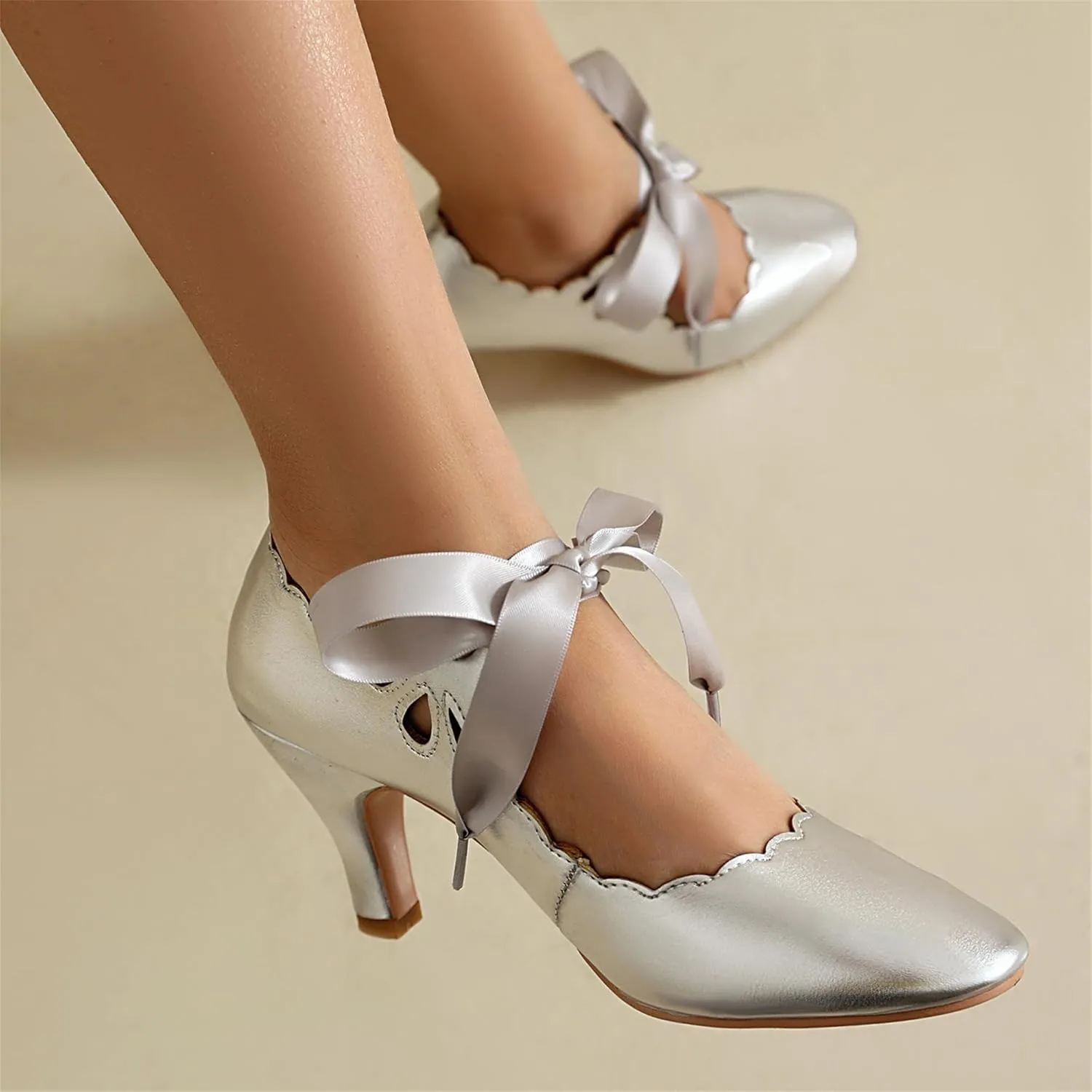 Elerhythm Women's Mary Jane Vintage Lace Up Teardrop Cut Out Close Round Toe 1920s Gatsby Heels Retro 1950s Victorian Pumps Suede Shoes