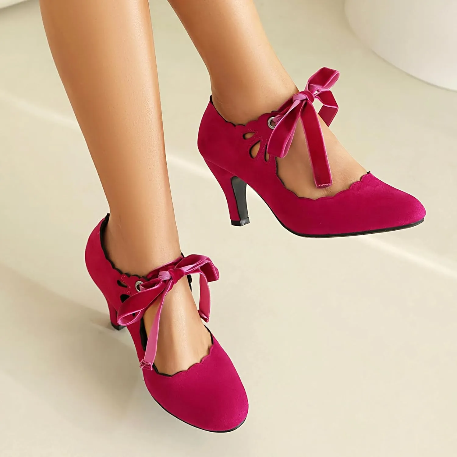 Elerhythm Women's Mary Jane Vintage Lace Up Teardrop Cut Out Close Round Toe 1920s Gatsby Heels Retro 1950s Victorian Pumps Suede Shoes