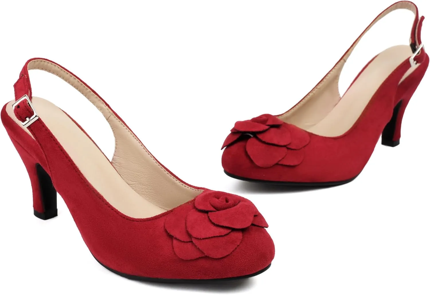 Elerhythm Women's Mary Jane Vintage Slingback Adjustable Strap Flower Close Toe 1920s Gatsby Heels Retro 1950s Victorian Pumps Suede Shoes