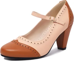 Elerhythm Women's Two Tone Mary Jane Classic and Retro 1920s Pump Heels Oxford Pattern 1950s Vintage Round Closed Toe Ankle Strap Dress Shoes