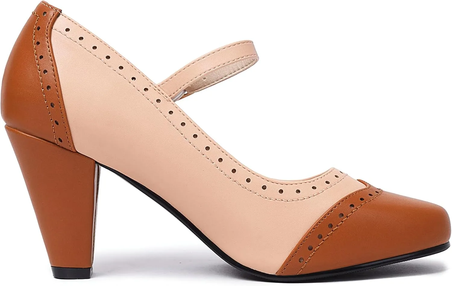 Elerhythm Women's Two Tone Mary Jane Classic and Retro 1920s Pump Heels Oxford Pattern 1950s Vintage Round Closed Toe Ankle Strap Dress Shoes