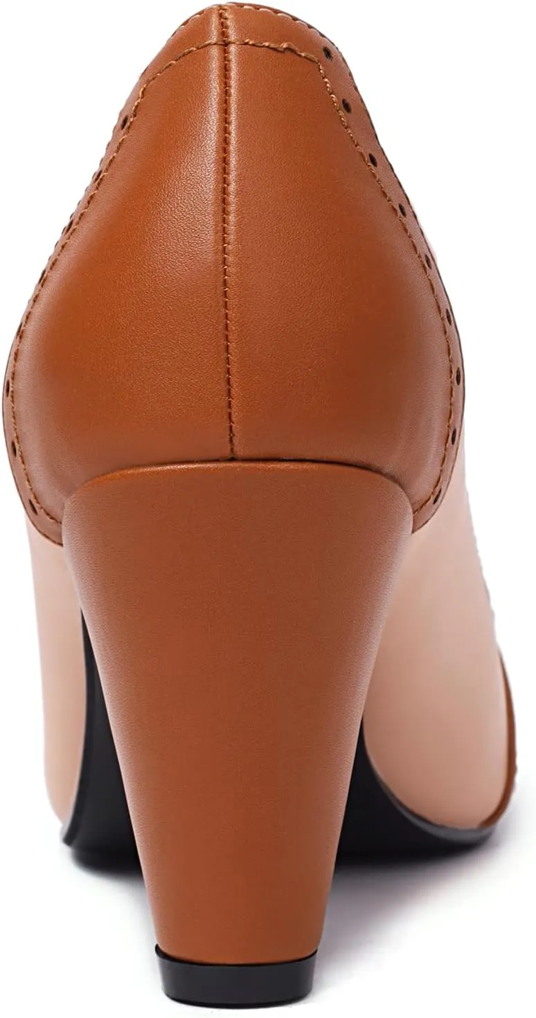 Elerhythm Women's Two Tone Mary Jane Classic and Retro 1920s Pump Heels Oxford Pattern 1950s Vintage Round Closed Toe Ankle Strap Dress Shoes