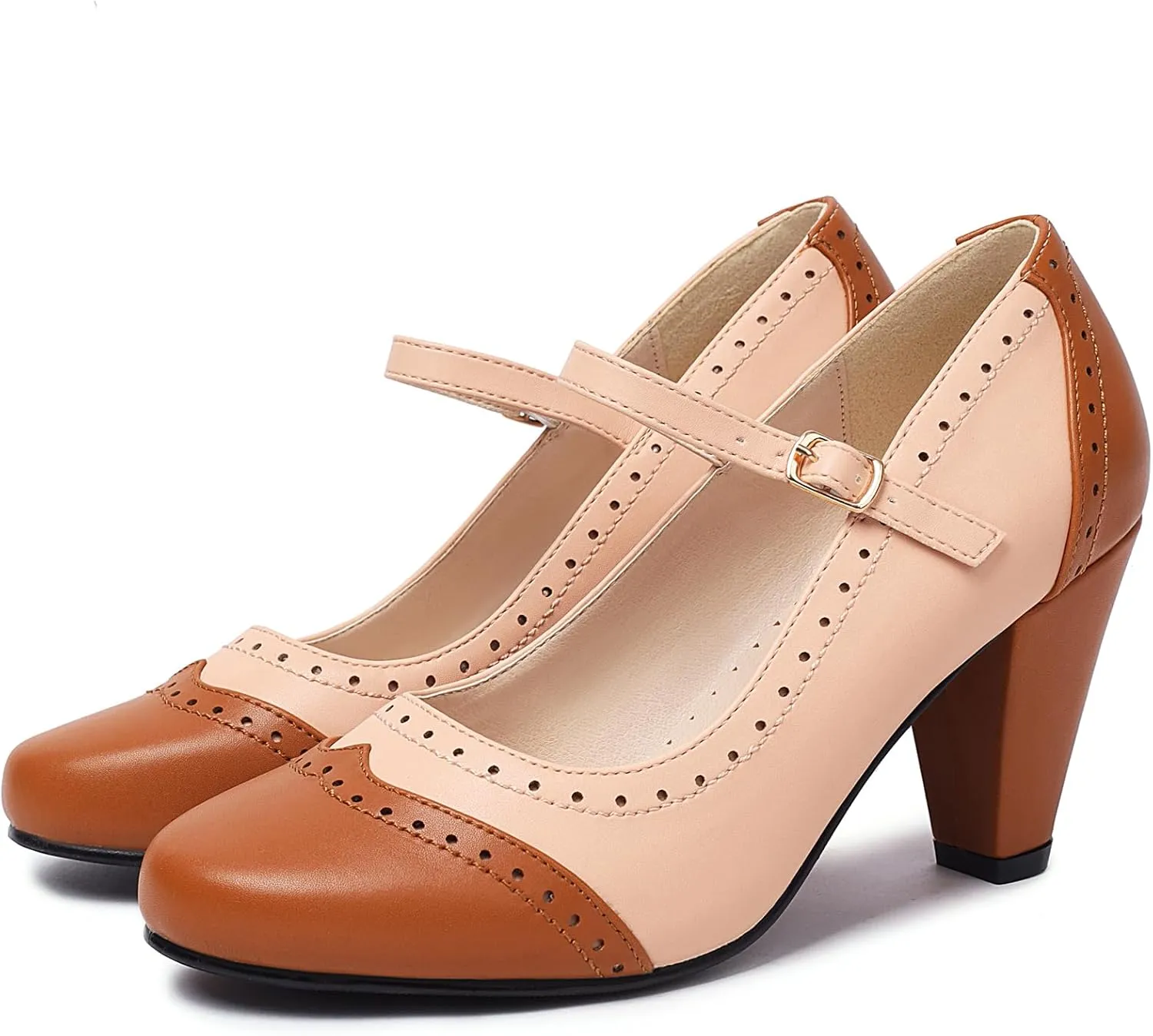 Elerhythm Women's Two Tone Mary Jane Classic and Retro 1920s Pump Heels Oxford Pattern 1950s Vintage Round Closed Toe Ankle Strap Dress Shoes