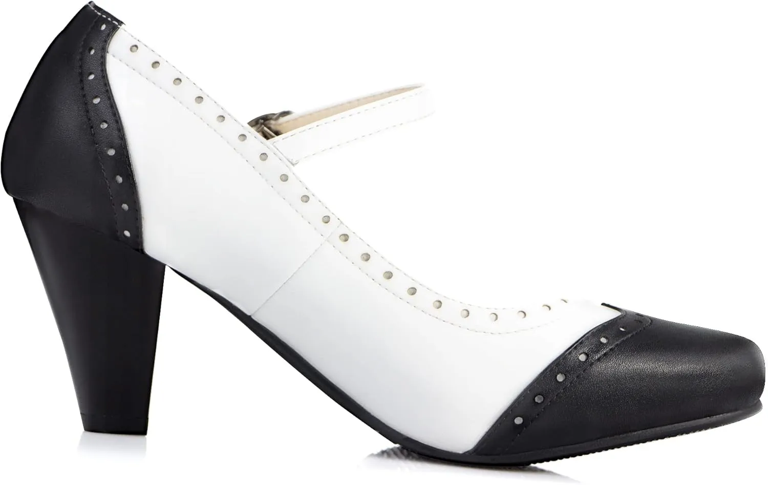 Elerhythm Women's Two Tone Mary Jane Classic and Retro 1920s Pump Heels Oxford Pattern 1950s Vintage Round Closed Toe Ankle Strap Dress Shoes