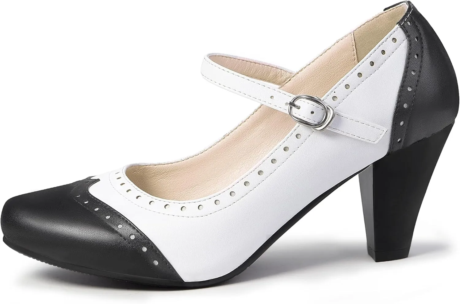 Elerhythm Women's Two Tone Mary Jane Classic and Retro 1920s Pump Heels Oxford Pattern 1950s Vintage Round Closed Toe Ankle Strap Dress Shoes