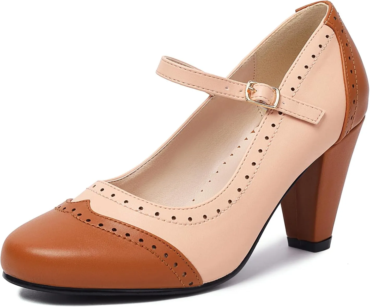 Elerhythm Women's Two Tone Mary Jane Classic and Retro 1920s Pump Heels Oxford Pattern 1950s Vintage Round Closed Toe Ankle Strap Dress Shoes
