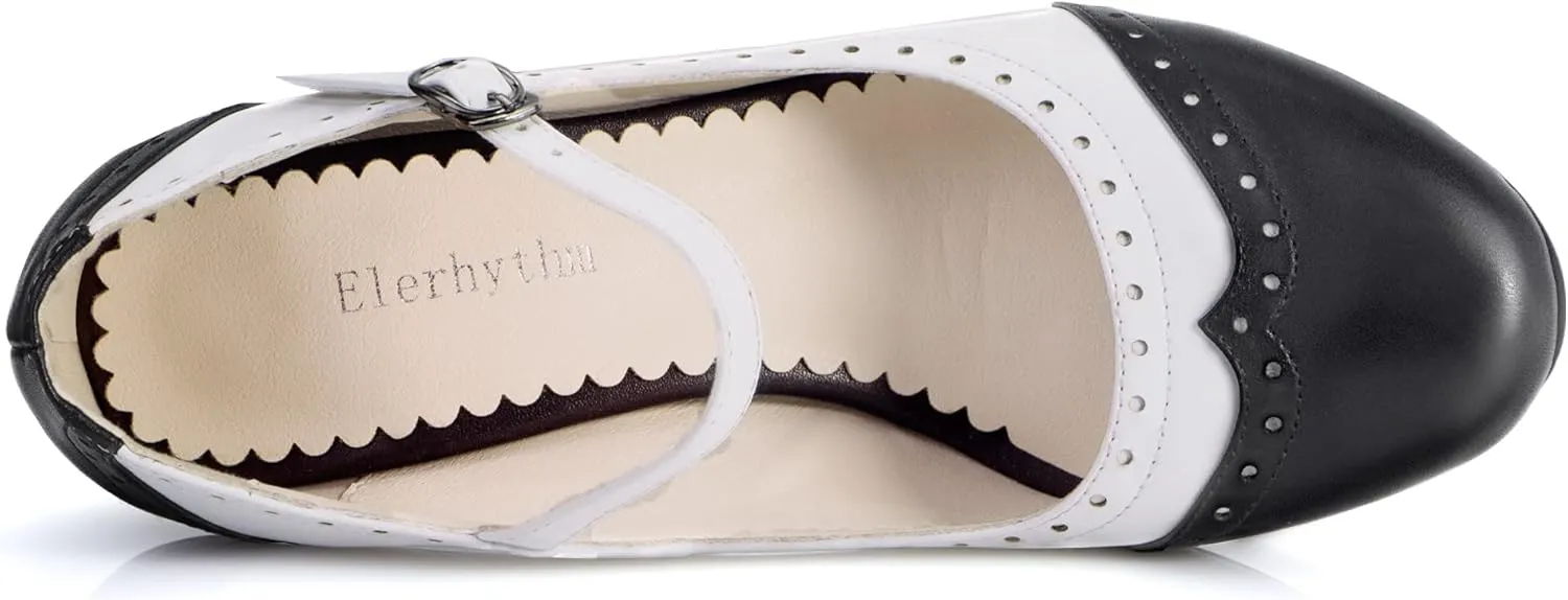 Elerhythm Women's Two Tone Mary Jane Classic and Retro 1920s Pump Heels Oxford Pattern 1950s Vintage Round Closed Toe Ankle Strap Dress Shoes