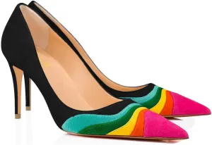 FOWT Women Kitten Heels Pumps High Heel Pointed Toe Pump Slip-on Rainbow Shoes for Dress Party Girl Ladies Full Size 4-16 M US