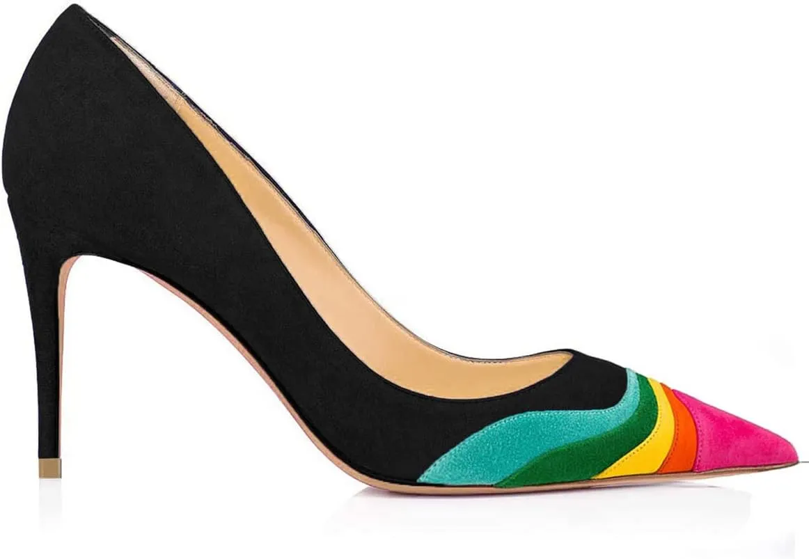 FOWT Women Kitten Heels Pumps High Heel Pointed Toe Pump Slip-on Rainbow Shoes for Dress Party Girl Ladies Full Size 4-16 M US