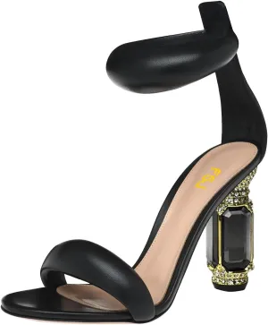 FSJ Women Cute One Strap Heeled Sandals Open Toe Rhinestones Chunky High Heels Back Zipper Summer Party Wedding Evening Dress Pump Shoes Size 4-16 US