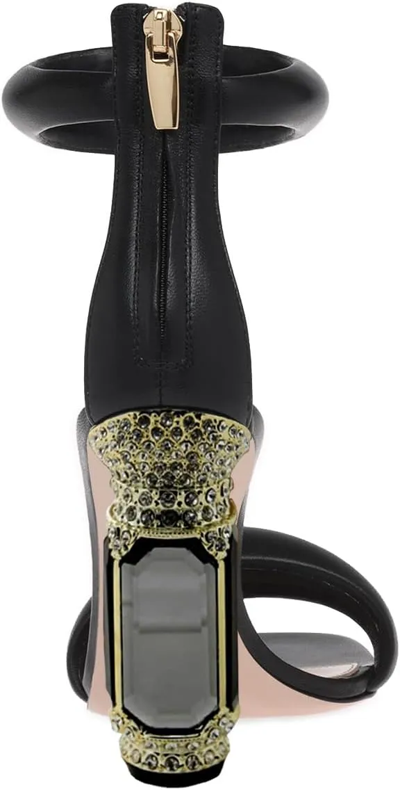 FSJ Women Cute One Strap Heeled Sandals Open Toe Rhinestones Chunky High Heels Back Zipper Summer Party Wedding Evening Dress Pump Shoes Size 4-16 US