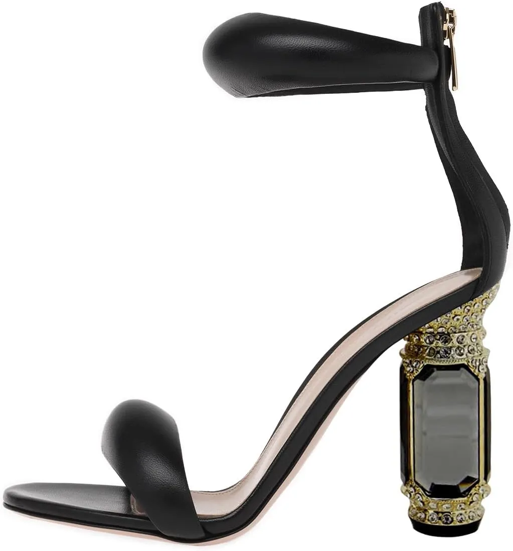 FSJ Women Cute One Strap Heeled Sandals Open Toe Rhinestones Chunky High Heels Back Zipper Summer Party Wedding Evening Dress Pump Shoes Size 4-16 US