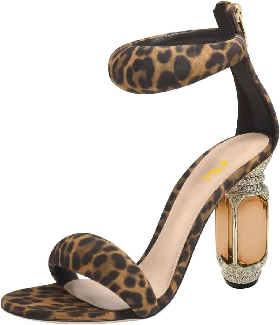 FSJ Women Cute One Strap Heeled Sandals Open Toe Rhinestones Chunky High Heels Back Zipper Summer Party Wedding Evening Dress Pump Shoes Size 4-16 US