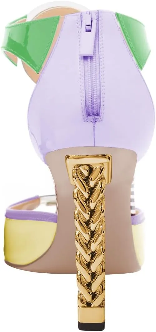 FSJ Women Multicolor Sandals Gold Metal Chain Thick High Heel Open Peep Toe T Strappy Ankle Strap Back Zipper Ladies Comfy Summer Dress Shoes 4-15 US