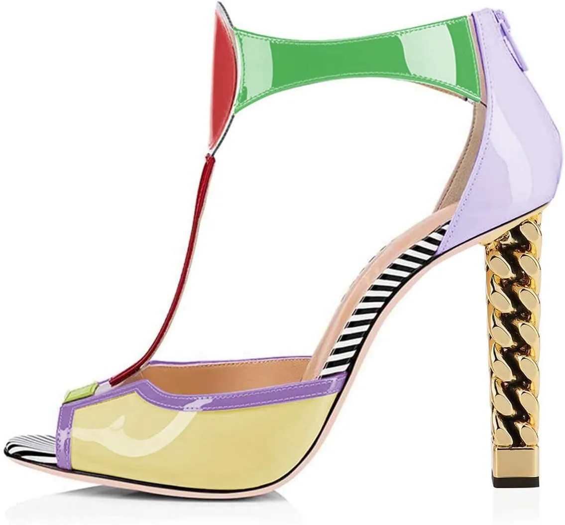 FSJ Women Multicolor Sandals Gold Metal Chain Thick High Heel Open Peep Toe T Strappy Ankle Strap Back Zipper Ladies Comfy Summer Dress Shoes 4-15 US