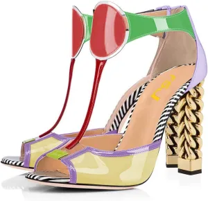 FSJ Women Multicolor Sandals Gold Metal Chain Thick High Heel Open Peep Toe T Strappy Ankle Strap Back Zipper Ladies Comfy Summer Dress Shoes 4-15 US