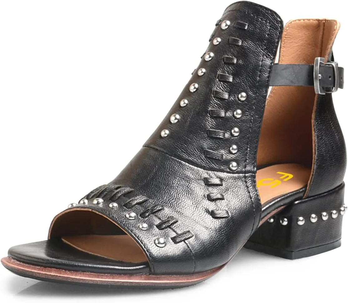 FSJ Women Peep Open Toe Boot Cut Out Buckle Ankle Bootie Comfortable Stacked Block Low Heeled Sandal Shoes Size 4-15 US