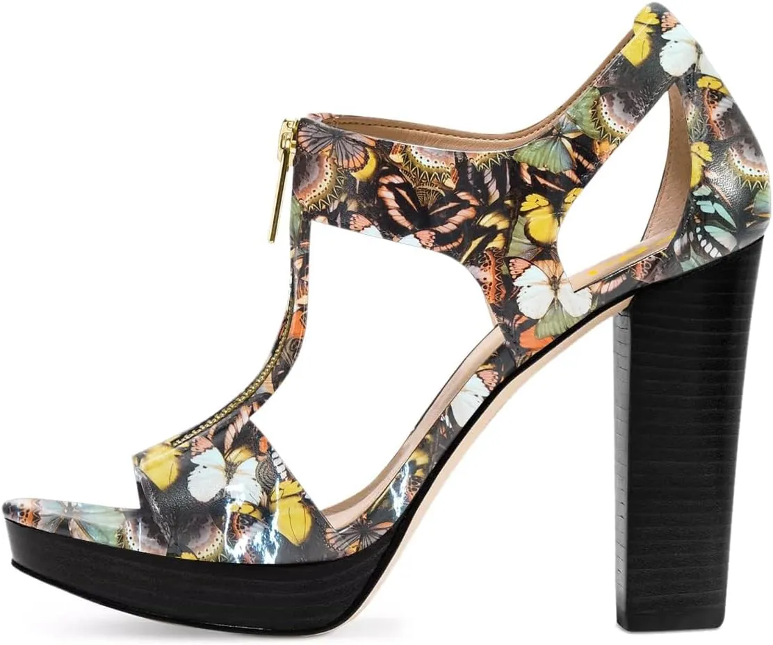 FSJ Women Peep Open Toe T-Strap Front Zipper Chunky Stacked High Heel Sandal Booties Platform Pumps Shoes Size 4-15 US