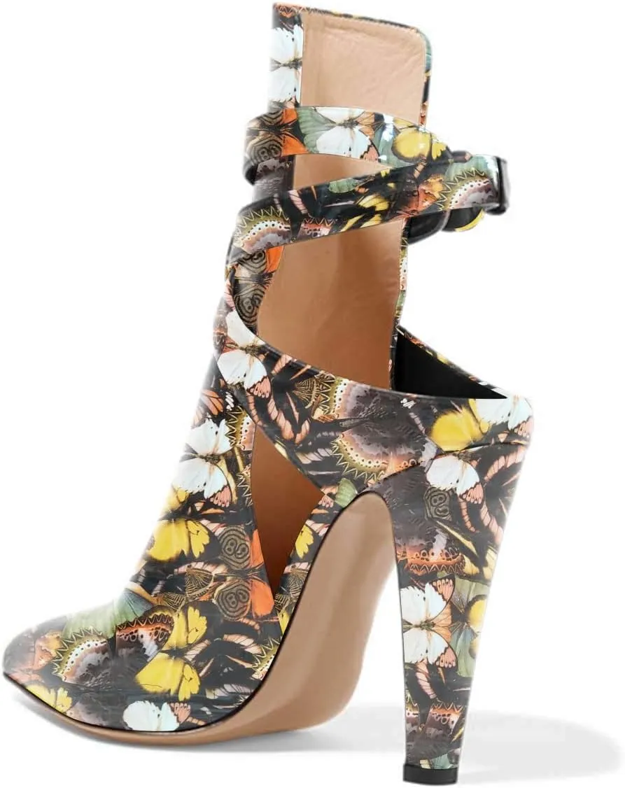 FSJ Women Pointed Toe Chunky High Heel Strappy Dress Bootie Pump Ankle Wrap Slingback Sandal Shoes Size 4-15 M US