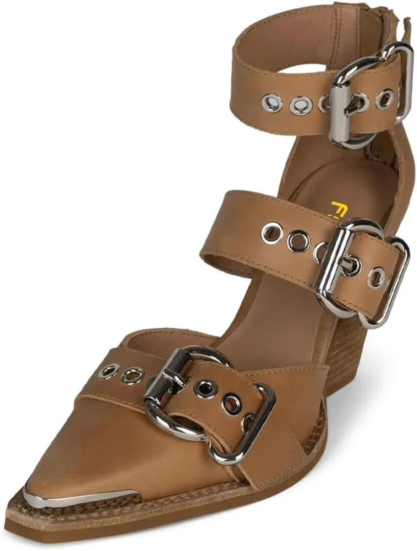 FSJ Women Pointed Toe Metal Buckle Hollow Out Leather Strappy Medium Thick Wedge Stacked Heel Sandal Zipper Fashion Pumps Shoes Size 4-16 US