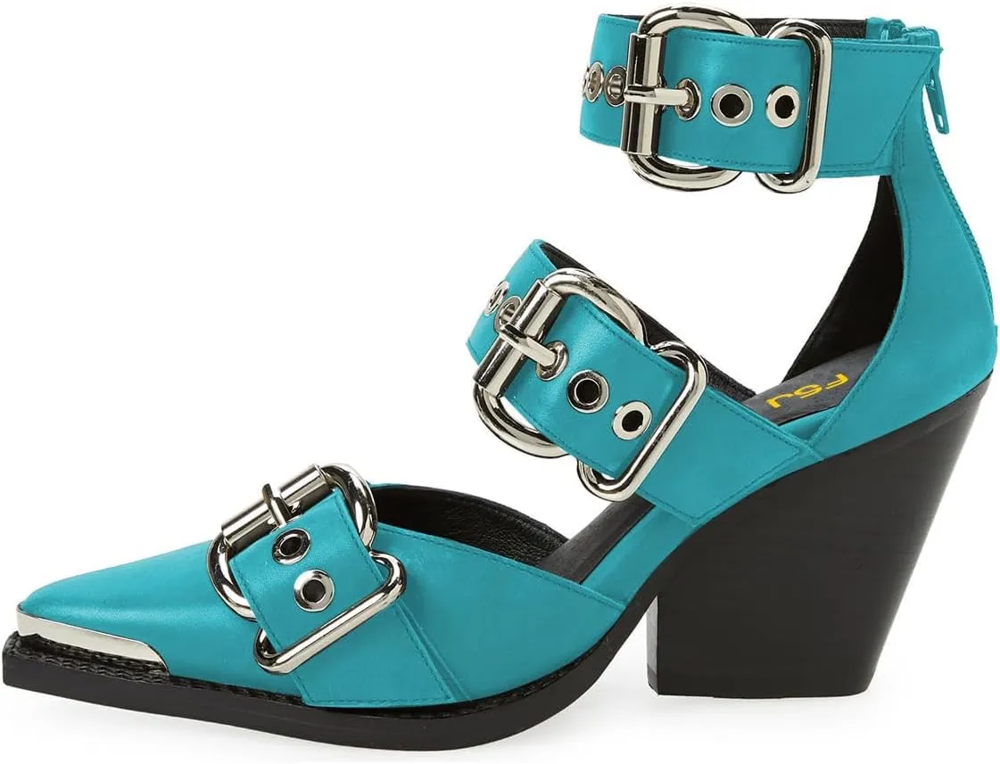 FSJ Women Pointed Toe Metal Buckle Hollow Out Leather Strappy Medium Thick Wedge Stacked Heel Sandal Zipper Fashion Pumps Shoes Size 4-16 US