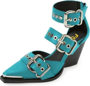 FSJ Women Pointed Toe Metal Buckle Hollow Out Leather Strappy Medium Thick Wedge Stacked Heel Sandal Zipper Fashion Pumps Shoes Size 4-16 US