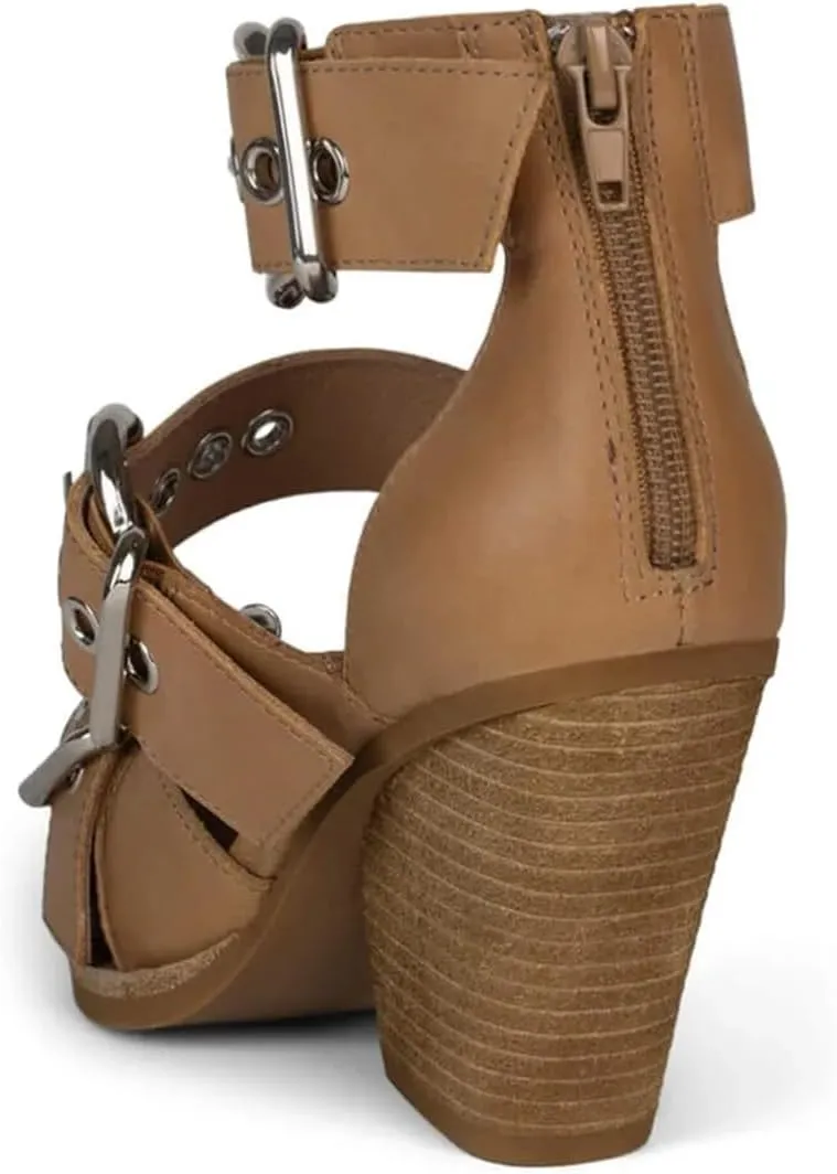 FSJ Women Pointed Toe Metal Buckle Hollow Out Leather Strappy Medium Thick Wedge Stacked Heel Sandal Zipper Fashion Pumps Shoes Size 4-16 US