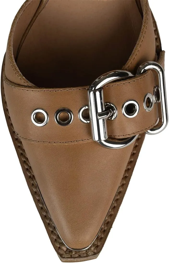 FSJ Women Pointed Toe Metal Buckle Hollow Out Leather Strappy Medium Thick Wedge Stacked Heel Sandal Zipper Fashion Pumps Shoes Size 4-16 US