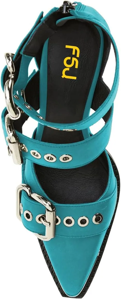 FSJ Women Pointed Toe Metal Buckle Hollow Out Leather Strappy Medium Thick Wedge Stacked Heel Sandal Zipper Fashion Pumps Shoes Size 4-16 US