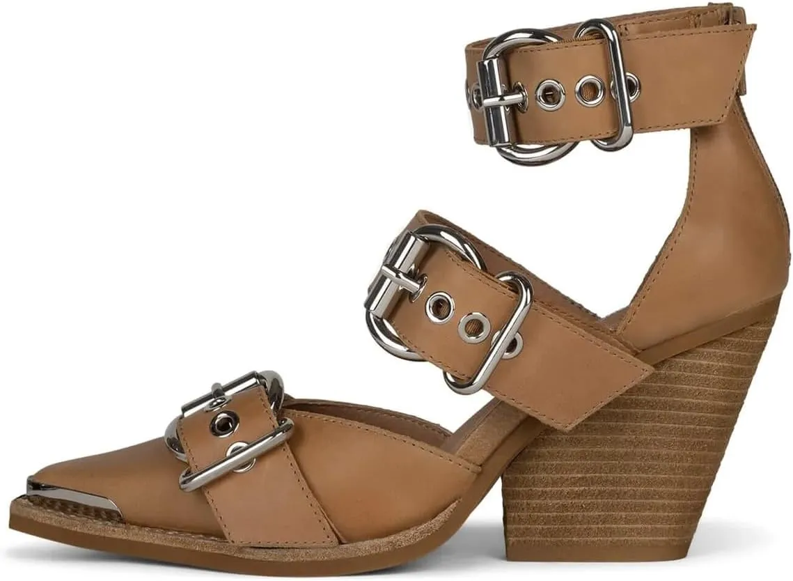 FSJ Women Pointed Toe Metal Buckle Hollow Out Leather Strappy Medium Thick Wedge Stacked Heel Sandal Zipper Fashion Pumps Shoes Size 4-16 US