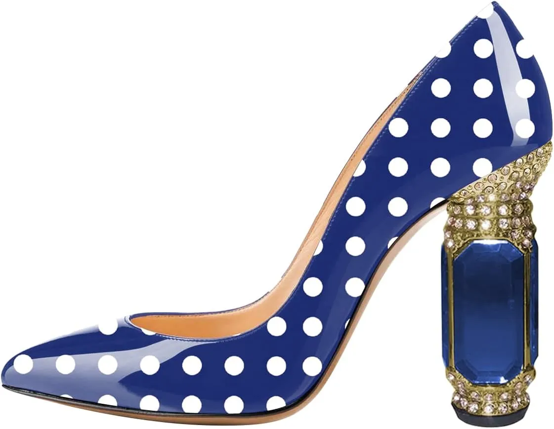 FSJ Women Printing Pump Chunky High Crystal Heels Pump Colorful Closed Pointed Toe Bridal Party Dress Shoe Size 4-15 US