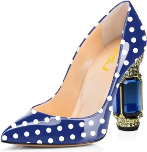 FSJ Women Printing Pump Chunky High Crystal Heels Pump Colorful Closed Pointed Toe Bridal Party Dress Shoe Size 4-15 US