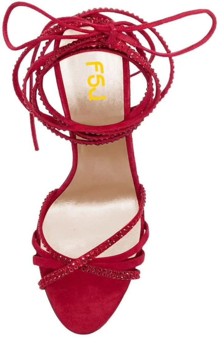 FSJ Women Rhinestones Strappy Jeweled Beaded Chunky High Heel Lace-up Sandals Open Toe Ankle Strap Block Heel Sparkly Party Evening Dress Shoes Size 4-16 US