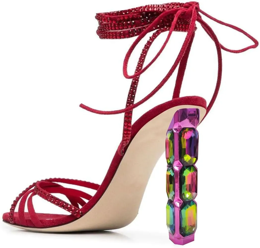 FSJ Women Rhinestones Strappy Jeweled Beaded Chunky High Heel Lace-up Sandals Open Toe Ankle Strap Block Heel Sparkly Party Evening Dress Shoes Size 4-16 US