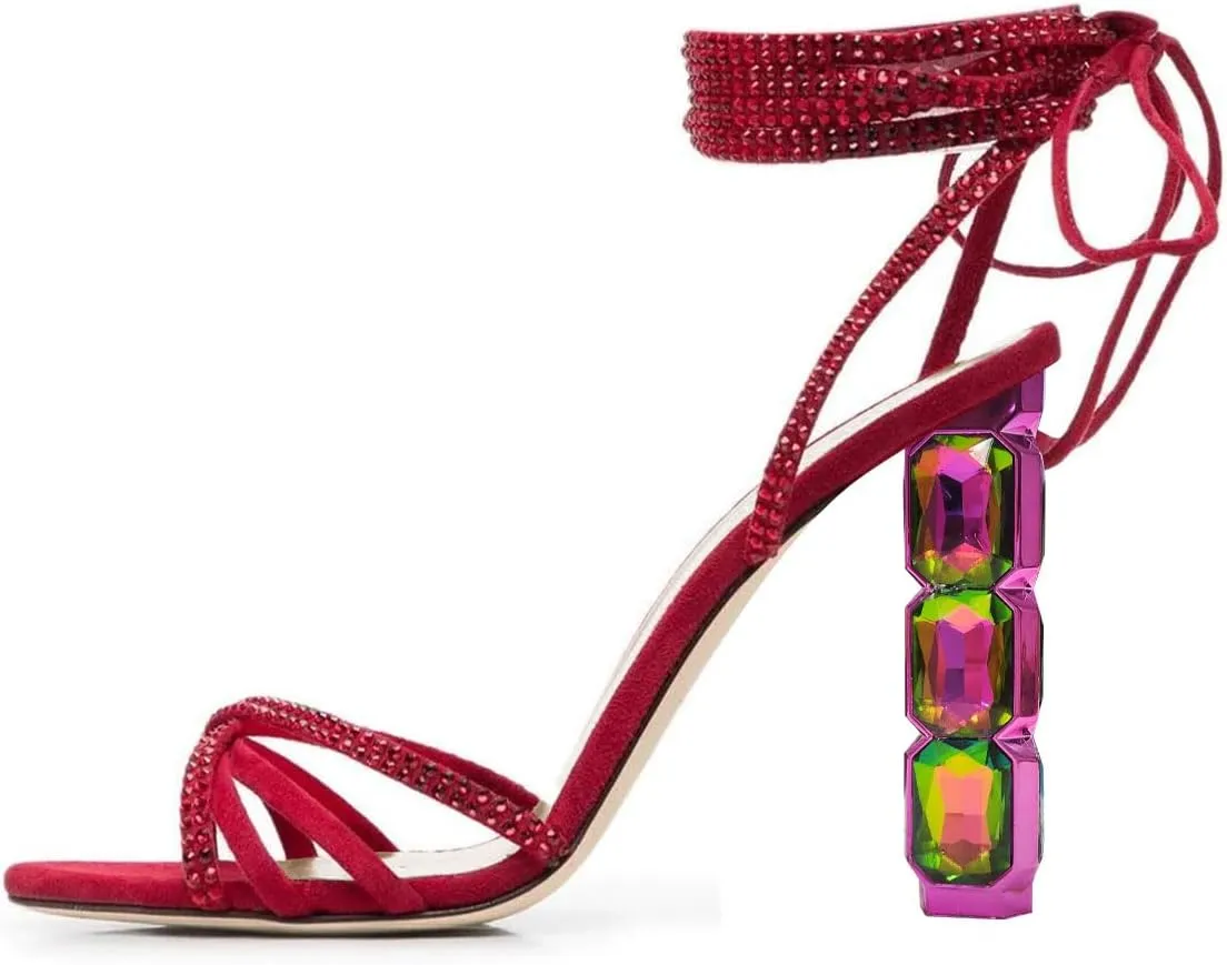 FSJ Women Rhinestones Strappy Jeweled Beaded Chunky High Heel Lace-up Sandals Open Toe Ankle Strap Block Heel Sparkly Party Evening Dress Shoes Size 4-16 US