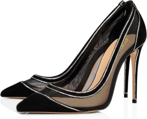 FSJ Women Sexy Rhinestones Stilettos High Heels Pointed Toe Slip On Pump Trendy Suede Mesh Party Office Dress Shoes Size 4-15 US