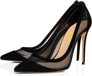 FSJ Women Sexy Rhinestones Stilettos High Heels Pointed Toe Slip On Pump Trendy Suede Mesh Party Office Dress Shoes Size 4-15 US