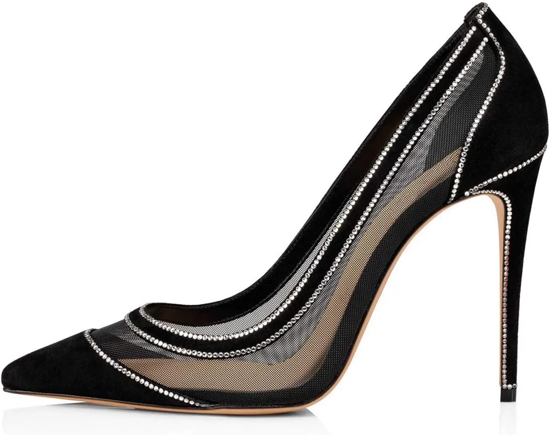 FSJ Women Sexy Rhinestones Stilettos High Heels Pointed Toe Slip On Pump Trendy Suede Mesh Party Office Dress Shoes Size 4-15 US